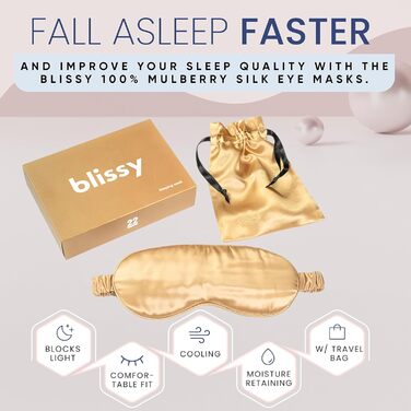Шовкова маска для сну Blissy – повне затемнення, 100% шовк марука, 22 Momme, 6a, для жінок та чоловіків, золота