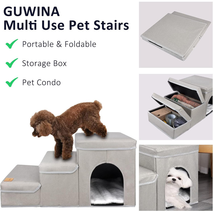3-Step Dog Stairs, Foldable Pet Stairs for Sofa & Bed, Removable Pet Stairs Folding with Storage Box, Multifunctional Pet Ladder for Small Dogs Cats (Gray)