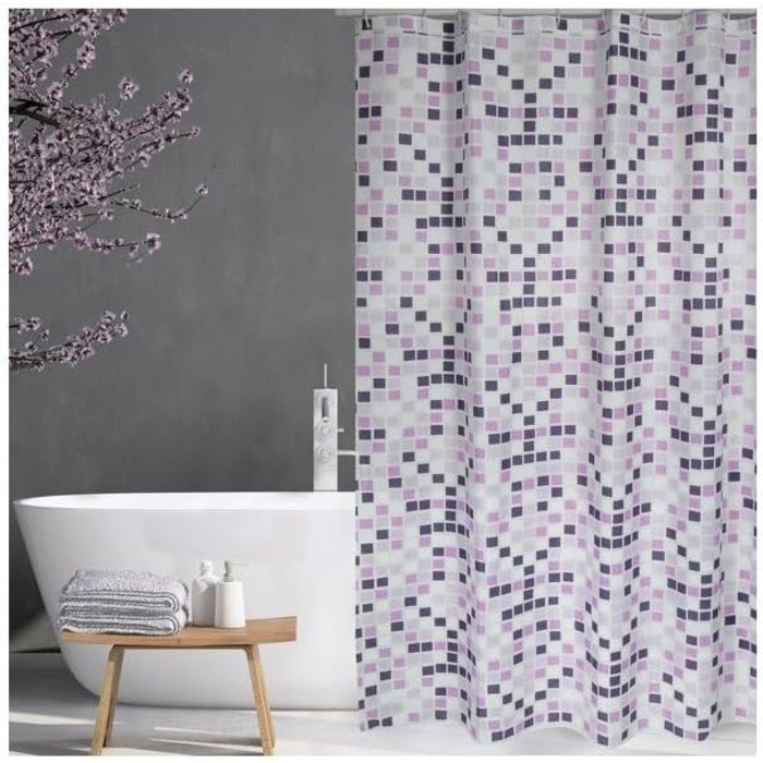 Штора для душу MSV Cotexsa 142102 Premium 'Mosaik' 180x200 см, антибактеріальна, антигрибкова, поліестер, з кільцями, Іспанія, фіолетовий/різнокольоровий