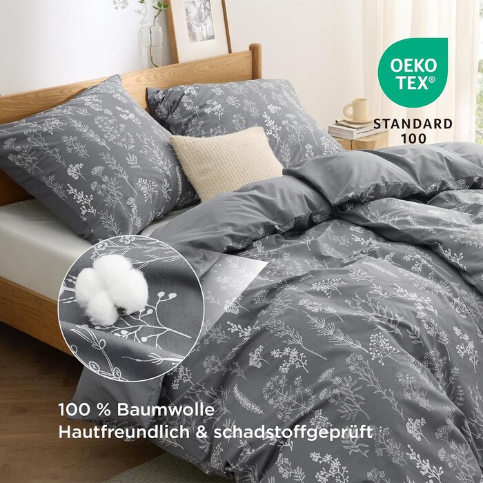 BEDSURE Комплект постільної білизни 135x200, бавовна, 4-х частинний, сірий, з квітами, на блискавці, ÖKO-TEX, з двома наволочками 80x80 см