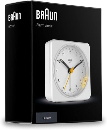 Braun Classic Analog Alarm Clock with Snooze Function and Light, Silent Quartz Movement, Crescendo Alarm, White Model BC03W