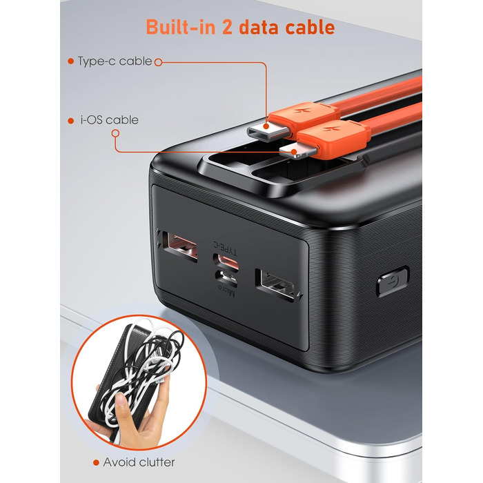 Power Bank 50000mAh з кабелем, швидка зарядка USB-C PD20W/QC22.5W, LED-індикатор, 2 входи/5 виходів, для телефонів, планшетів, подорожей, кемпінгу - Чорний