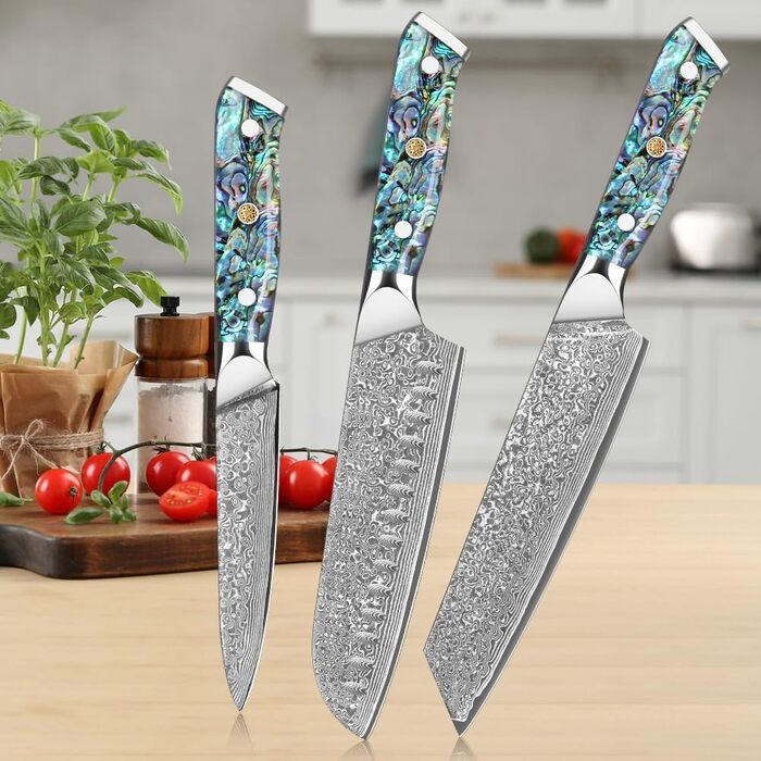 Ніж Santoku з дамаської сталі 18 см: преміум якість, VG-10 сталь, ручка з мушлі Абалоне, подарункова коробка