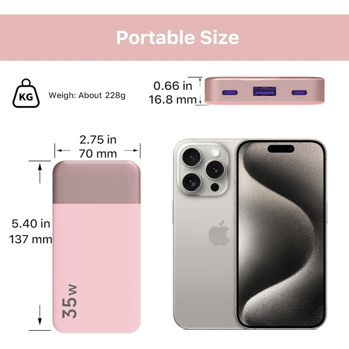 Power Bank NOBIS 35W 10000mAh з цифровим дисплеєм, USB-C, PD, QC, рожевий