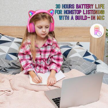 Дитячі бездротові навушники IFecco з мікрофоном, Bluetooth, LED, котячі вушка (рожевий)