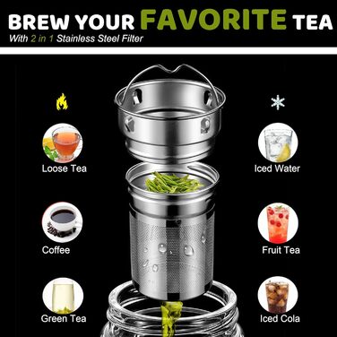 Double-walled glass tea bottle 1 liter with 2-in-1 stainless steel strainer to go, 1000ml large volume, tea bottle 100% leak-proof 1 l (500ml (Anytime))