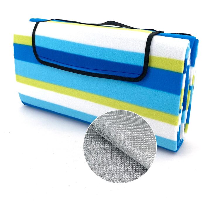 Плед для пікніка Heimtexland XL водонепроникний 200x200 см, синій в смужку. Килимок для пляжу, кемпінгу, фестивалів. З ручкою, складаний, пральний.