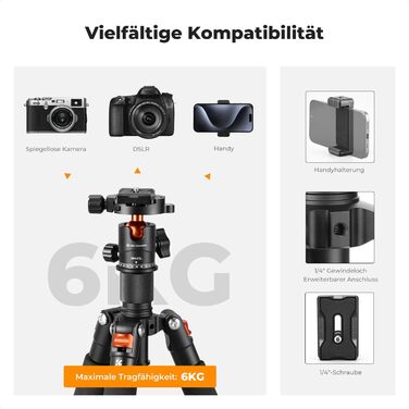 Міні штатив K&F Concept S225A1+BH-25: компактний штатив для камери з кульковою головкою 360°, 52 см, з тримачем для телефону, для Canon/Sony/Nikon/Fujifilm, до 6 кг