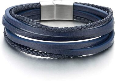 Чоловічий/Жіночий плетений браслет COOLSTEELANDBEYOND з натуральної шкіри Navy Blue, з нержавіючої сталі та магнітною застібкою