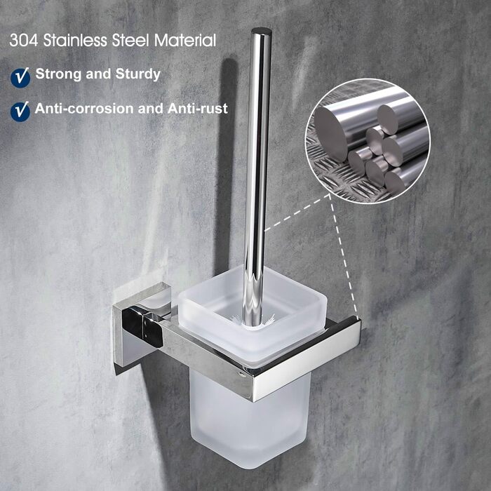 WC brush and holder, wall brush holder, chrome, toilet brush set. Toilet brush set made of 304 stainless steel and frosted glass for bathrooms.
