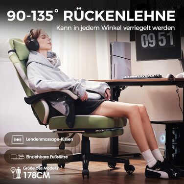 Ігровий крісло Dowinx з тканини, масажною підтримкою попереку та підніжкою, ергономічний офісний крісло для дорослих, великий і високий, 135 кг (зелено-білий)