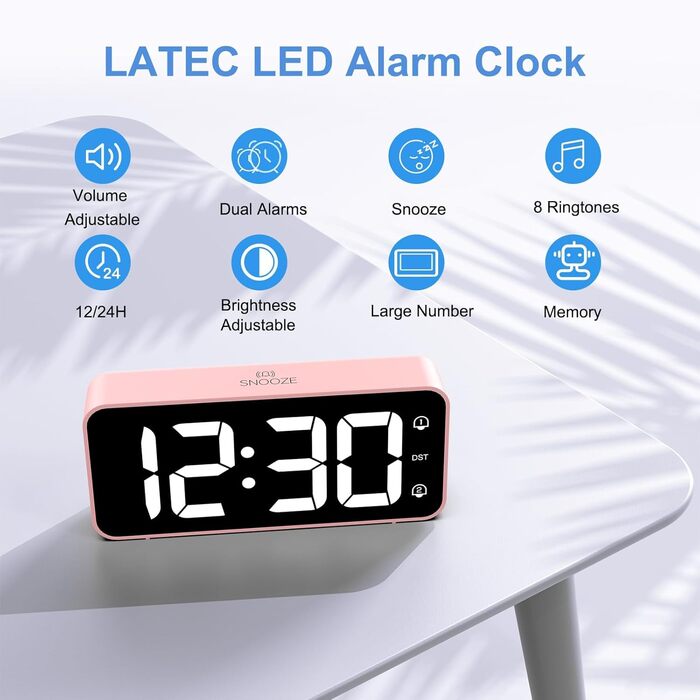 LED-годинник LATEC з двома будильниками, USB-порт для зарядки, регулювання яскравості, гучність 90-120 дБ, 8 мелодій, 12/24 год, мережевий (рожевий)