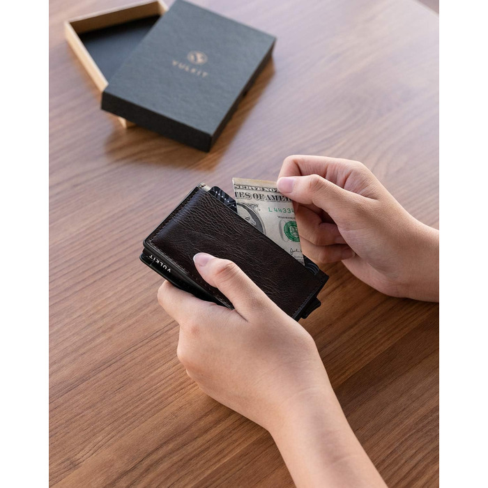 Шкіряний картхолдер VULKIT для чоловіків з RFID захистом, гаманець для карт та готівки (Crazy Horse Espresso)