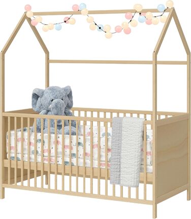 Bellabino Nika Babybett in House Design 70 x 140 cm, cot and house bed for children and babies made of solid pine wood in natural finish, 3-fold height adjustable including slatted base.