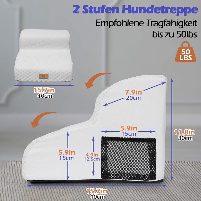 Сходинки для собак Eukue: 2 сходинки для собак маленьких порід, підйом на ліжко/диван, з високощільних матеріалів, портативні, знімний чохол (білий)