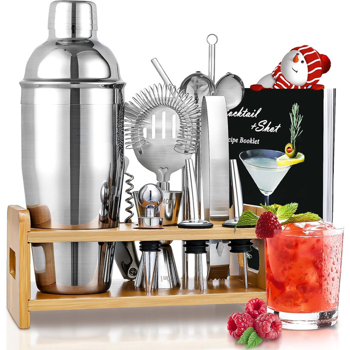 Cocktail Set, Godmorn Stainless Steel Shaker Set, 15-Piece Bartender Set with Improved Bamboo Stand, Recipe Book, Measuring Jigger, and Bar Spoon, 550 ml Gift Set for Home or the Bar