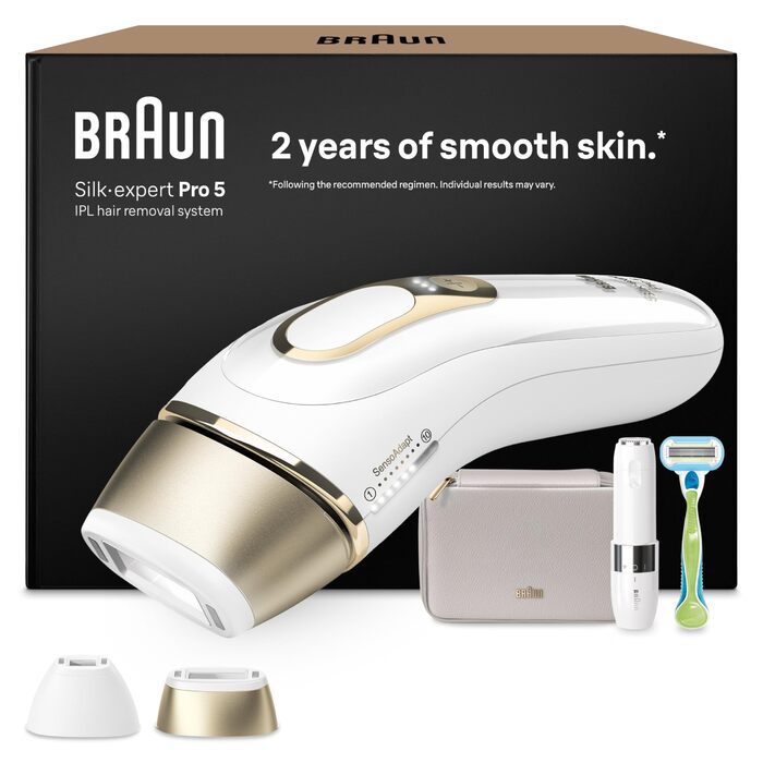 Braun Silk·expert Pro 5 PL5157: Апарат для епіляції IPL, німецька якість, білий/золотий + картридж + бритва Gillette Venus