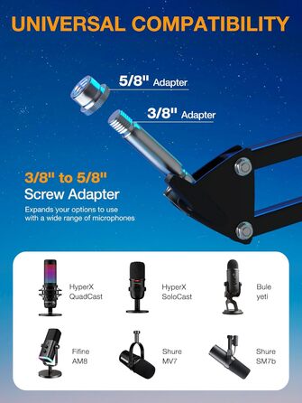 SUNMON Тримач для мікрофону HyperX QuadCast та інші - універсальний кріплення для мікрофону з регулюванням, 3/8' - 5/8' адаптер, чорний