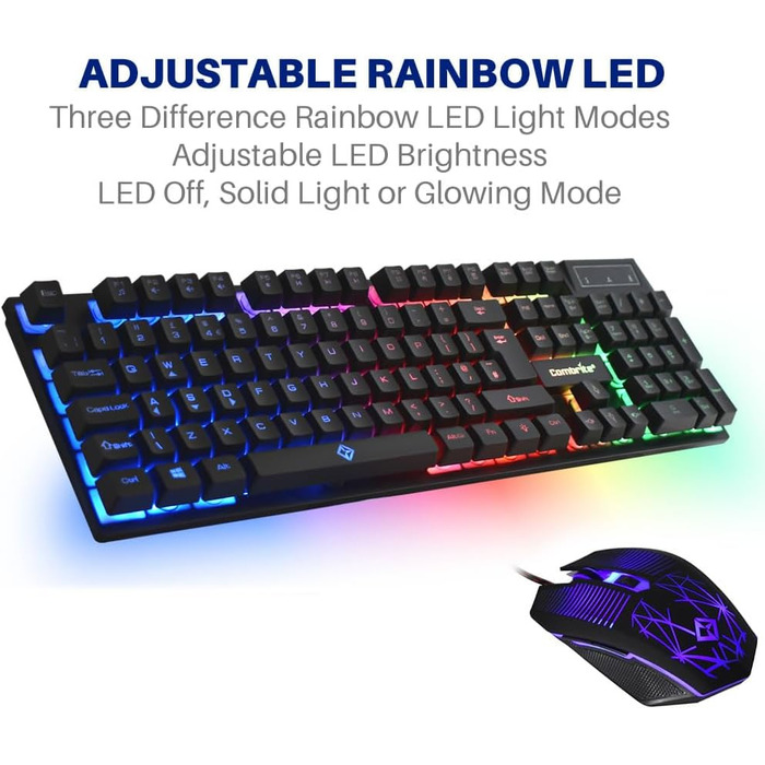 Ігровий набір клавіатури та миші Raptor з великим килимком, RGB-підсвітка, USB, UK-розкладка, для PC, Laptop, PS4, Xbox One, чорний