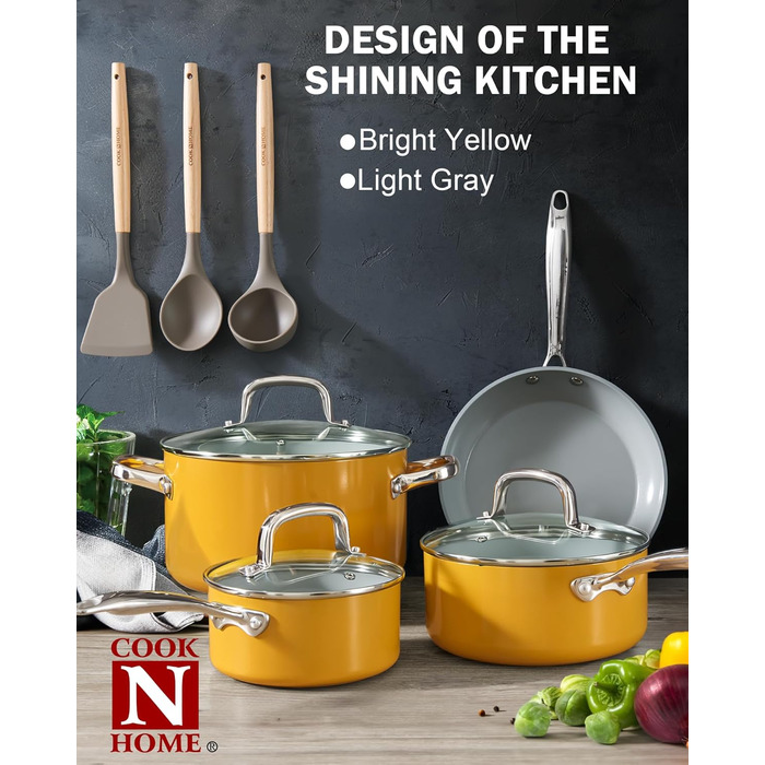 Набір посуду Cook N Home: 10 предметів, антипригарне покриття, кераміка, індукція, жовтий