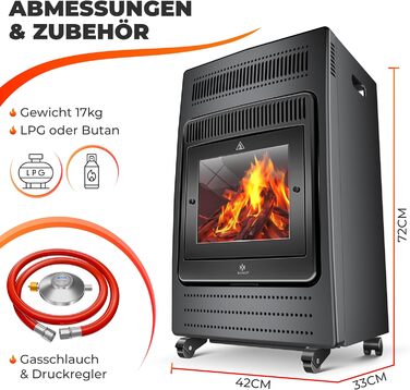 Газовий обігрівач KESSER® - газовий камін з інфрачервоним нагрівачем, 3.4 кВт, 2 режими, з газовим редуктором та шлангом, для бутану/пропану, антрацит