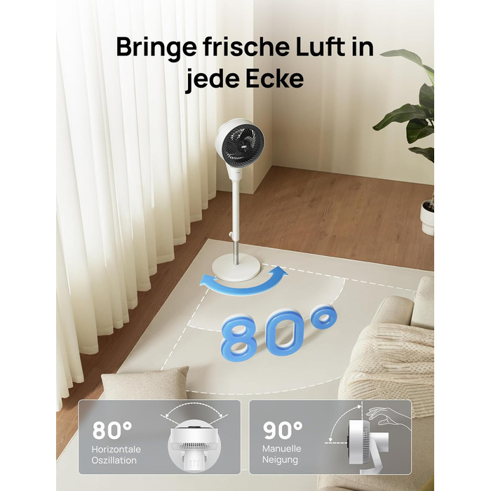 Дрео Безшумний підлоговий вентилятор з осциляцією, 1444 м³/год, 3 швидкості, таймер 6 годин, пульт дистанційного керування, циркуляція повітря за 3 хвилини, функція ароматерапії, білий