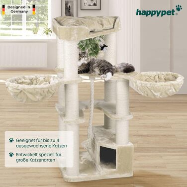 Котячий будиночок HappyPet 'Оскар' для великих котів - преміум якість, 161 см, 47 кг, товсті стовпчики 12 см, плюш 600 г, сертифіковане дерево, кремовий колір