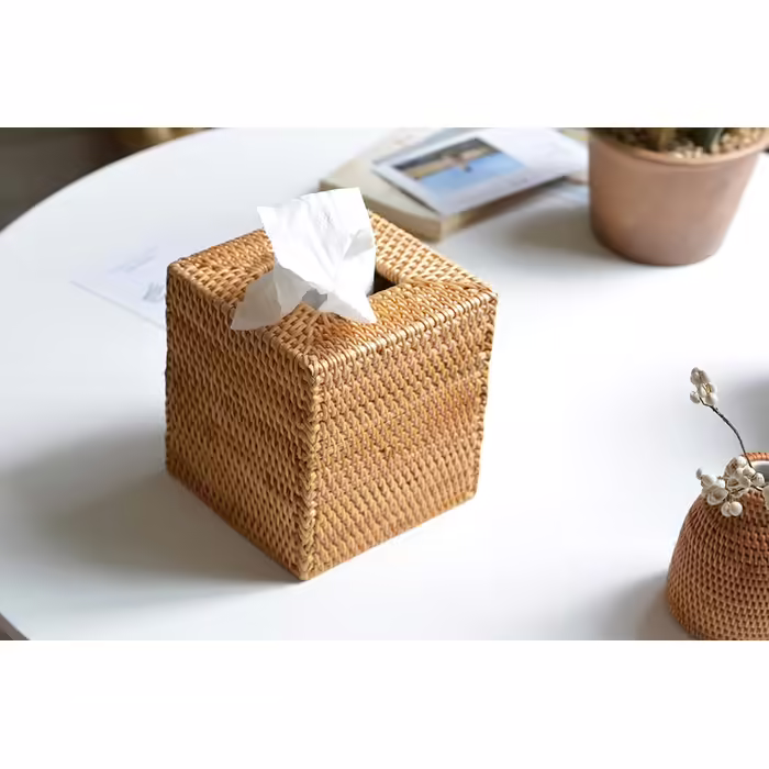 DOKOT Rattan Cosmetic Tissue Box - Tissue Box Natural for Home/Office/Car - Square (Natural, 14x14x15cm)