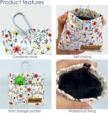 Сумка для корму для собак Leckerlibeutel – міцна бавовняна сумка для прогулянок з карабіном та самозакривною застібкою, ідеальна для подорожей та активного відпочинку (Begie Blume)