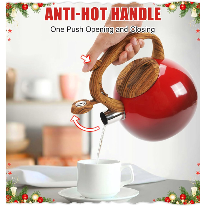 Чайник-свисток Foedo з нержавіючої сталі з дерев'яною ручкою, 3.2 л, градієнт червоного кольору, для чаю, кави та молока, класичний дизайн