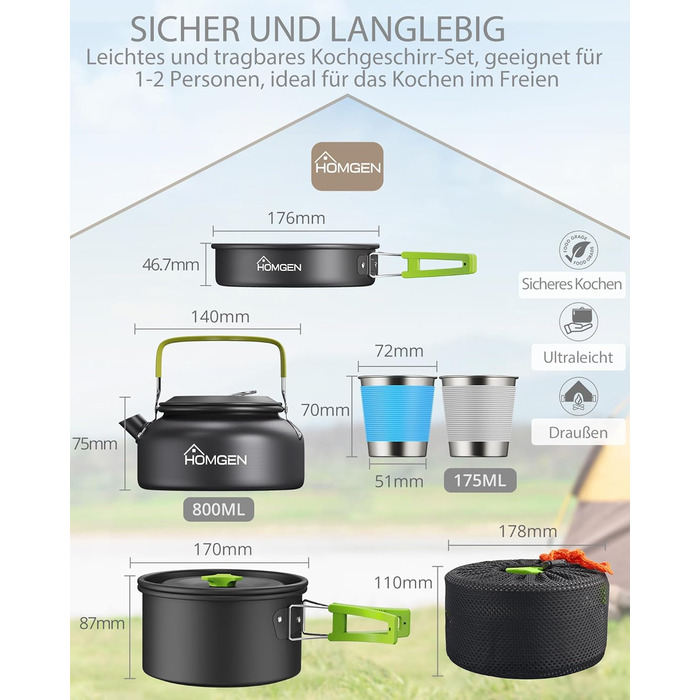 Набір кухонного посуду для кемпінгу Homgen: каструлі та сковорідки з алюмінію, легкий, для 2-3 осіб, з сумкою для зберігання, підходить для кемпінгу, пікніків, походів