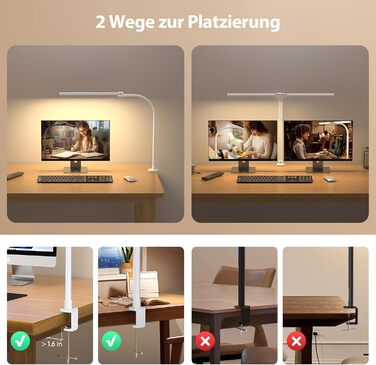 LED лампа настільна з двома головками, регульована яскравість, кріплення на струбцині, захист очей, денне світло, для офісу та ПК, RGB