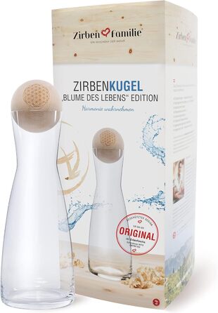 Zirben Familie® The Original ZirbenKugel Set Water Carafe | Imparts a special touch to your water | 1 Liter SPIEGELAU carafe made of crystal glass with a Swiss stone pine wood lid | Flower of Life Edition