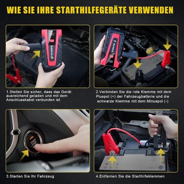 Powerbank Starthilfe 4000A: Зарядний пристрій для авто, SUV та мотоциклів з LED ліхтариком. Підходить для бензинових двигунів до 9.0L та дизельних до 7.0L