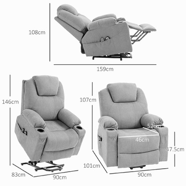 HOMCOM Electric Recliner with Stand Assist, Relax Recliner with Lie-Flat Function, Heating Function, 1 Motor, Massage Function, Pocket Spring, Light Grey | Aosom
