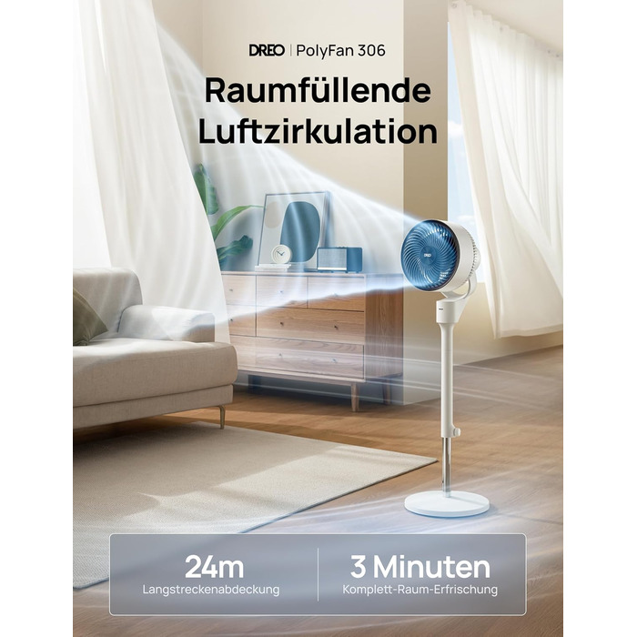 Дрео Безшумний підлоговий вентилятор з осциляцією, 1444 м³/год, 3 швидкості, таймер 6 годин, пульт дистанційного керування, циркуляція повітря за 3 хвилини, функція ароматерапії, білий