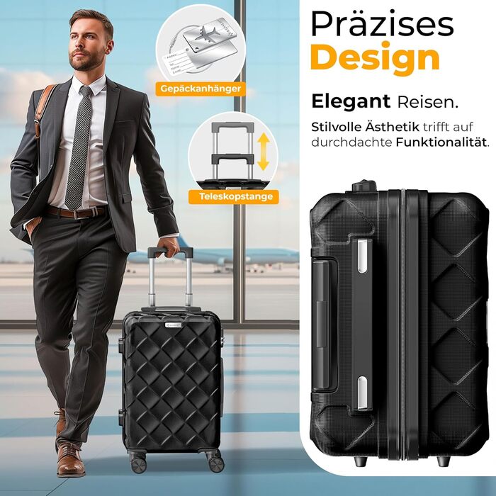Набір валіз KESSER® 3 шт. | Валізи з ABS-пластику з кодовим замком, вагова валіза та органайзер для подорожей, 360° колеса | Ручна поклажа та великі валізи для бізнесу та подорожей (Чорний)