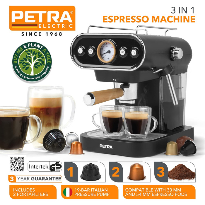 Petra Coffee Machine Barista Pro 1.5L, Semi-Automatic Espresso Machine with Milk Frother, Small Coffee Machine for Espresso & Cappuccino, Coffee Maker 15 Bar, 850W (3-in-1 Barista Coffee Machine)