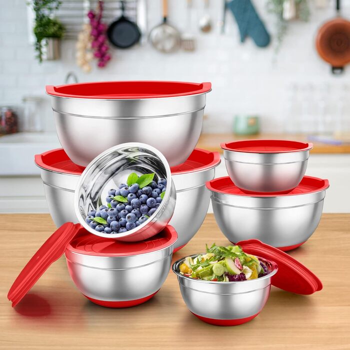 TEAMFAR Mixing Bowl Set, 7-Piece Stainless Steel Bowl Salad Bowl Set with Airtight Lids and Silicone Bottom, Nesting & Dishwasher Safe, 0.7L / 1.2L / 1.5L / 2.5L / 2.8L / 3.5L / 6.5L, red
