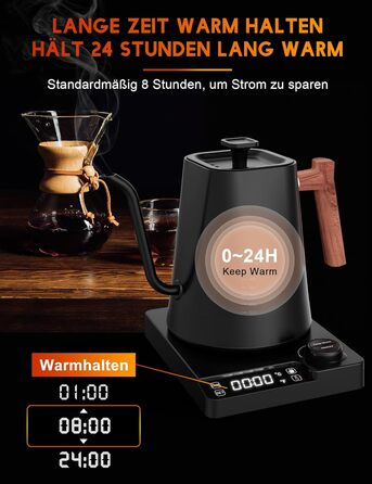 Vmotal Stainless Steel Kettle with Temperature Setting, Swan Neck Kettle, 24-Hour Keep Warm Function, 1200W Electric Kettle with Temperature Display, 1L Coffee Kettle