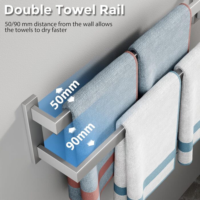 Тримач для рушників SAYAYO: настінна полиця для рушників на 3 секції, 64 см, нержавіюча сталь, для ванної кімнати та кухні