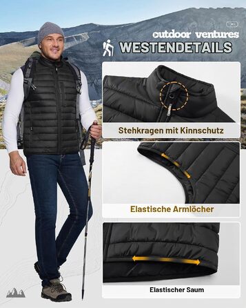 Чоловіча легка стібана жилетка Outdoor Ventures, компактна похідна жилетка для перехідної погоди, чорна, розмір L