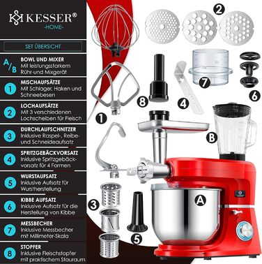 Кухонна машина KESSER 3 в 1 KM 3000 з м'ясорубкою, тістоміс та міксером, 5.5л чаша, прес для соку 1.5л, набір аксесуарів для пасти та випічки (червона)