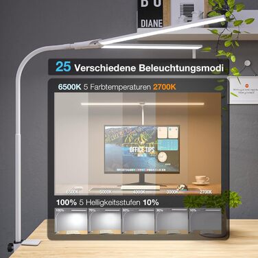 LED лампа настільна для офісу та дому, світло для монітора, 1400 люмен, регульована яскравість, кріплення-прищіпка, світло для робочого столу, гнусий «лебединий шия», подвійний насадка, 5 режимів кольору та рівнів яскравості, білий колір, 80 см