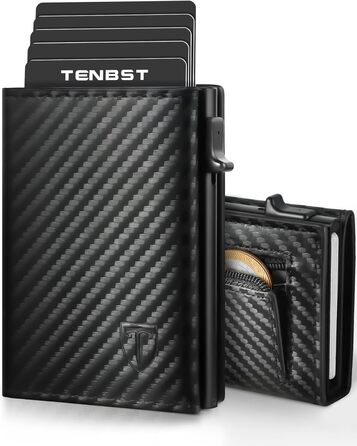 Чоловічий гаманець TENBST - картхолдер ультратонкий з RFID захистом, 10 відділень для карток, вікно для ID, преміум карбон, чорний