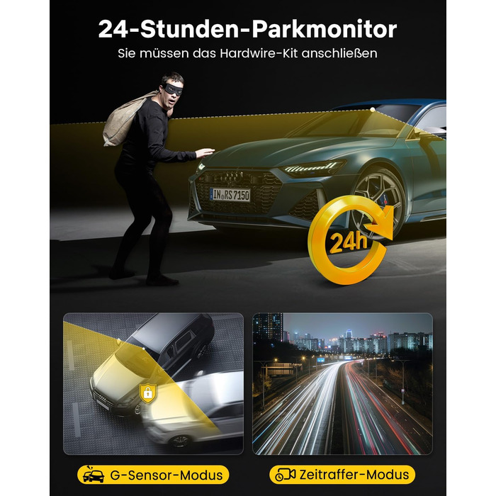 Відеореєстратор GKU Dashcam Auto: 4K/2.5K, GPS, Wi-Fi, Dual, 64GB, Паркування, WDR, 170° Кут огляду, G-сенсор, Loop, Макс. 256GB, Чорний