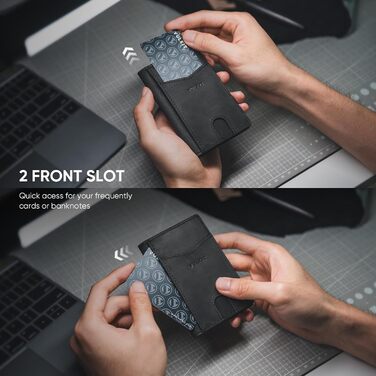 Чоловічий шкіряний картхолдер VULKIT з RFID захистом, чорний - Slim Wallet для 10 карт