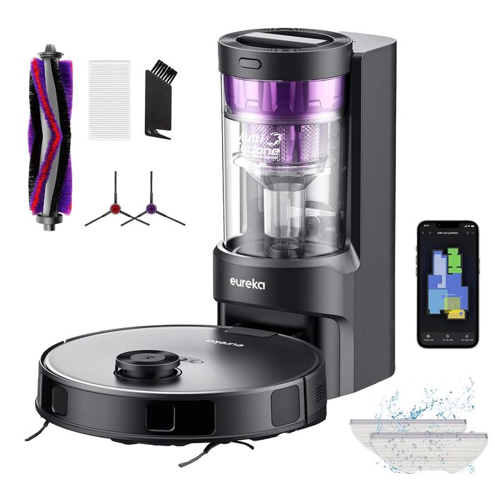 Робот-пилосос EUREKA E10s 2.Gen з вологою тканиною + станція самоочищення (4000Pa, автовизначення килима, підйом мопа, LiDAR-навігація, ідеально проти шерсті тварин, керування через додаток/голос) чорний