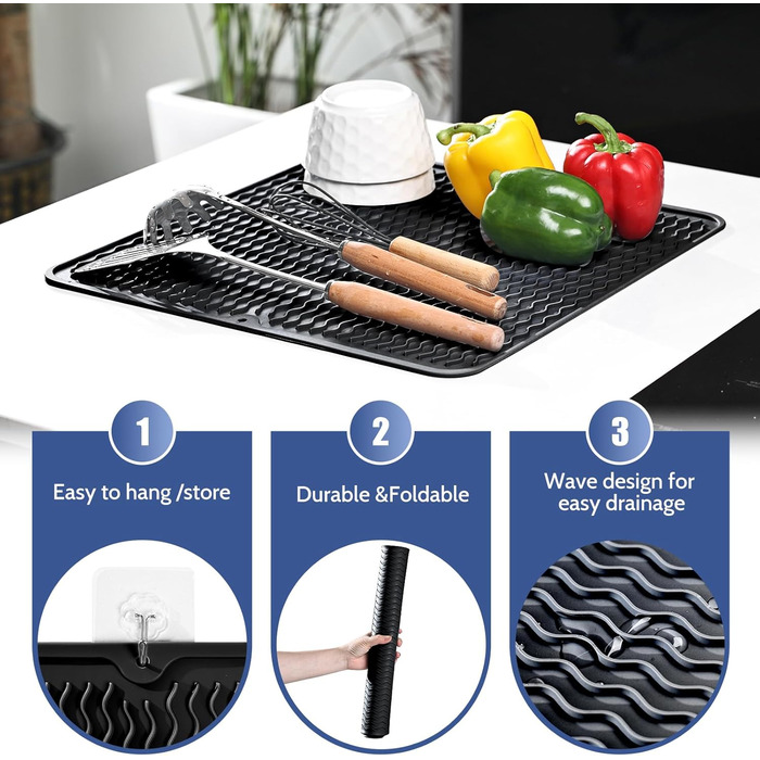Килимок для посуду KitchenRaku 40x45 см, силіконовий, термостійкий, антиковзний, чорний