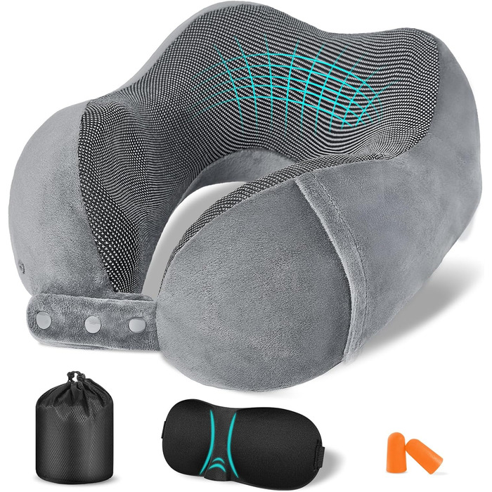 Подушка для шиї в літак, доросла, з піною Memory Foam, регульована, з вушкою та маскою для сну, чорна (сіра)